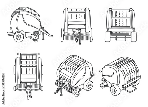 Detailed vector line art illustration of an agricultural round baler. It shows various views of the farm machinery.