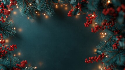 Christmas background with fir branches red berries and warm fairy lights framing dark green copy space for festive greeting or holiday banner.