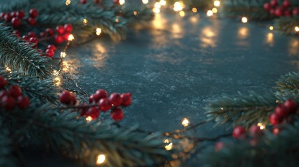 Christmas fir branches and red berries with fairy lights framing dark stone background with copy space for festive greeting or holiday banner design.