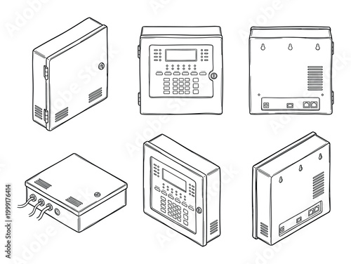 Detailed vector line art of security control panels and auxiliary boxes in multiple views.