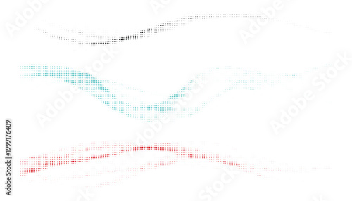 Digital halftone abstract flow background with dynamic wavy lines of black, blue, and red dots.