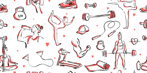 Fitness and Yoga seamless pattern. doodle hand drawn with pilates, meditation, and gym workout equipment.