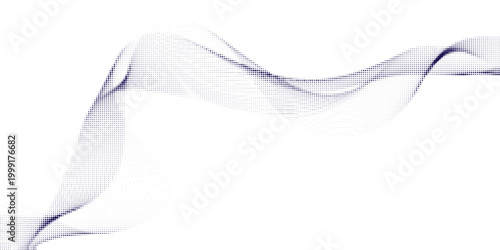 Dynamic abstract halftone pattern composed of dark blue dots forming fluid wave lines.
