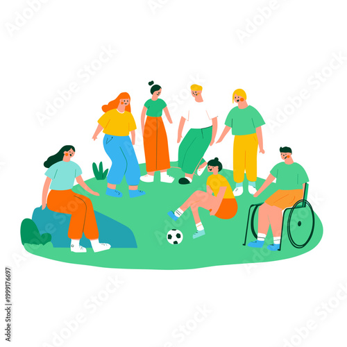 Diverse Group Playing Inclusive Soccer on Sunny Field
