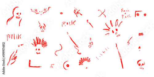 Punk and Rock Doodle set. Crayon or chalk hand drawing graphic isolated elements.