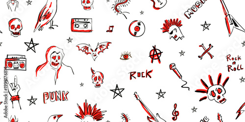 Seamless Punk Rock Pattern Background. Hand drawing music subculture graphic vector illustration.