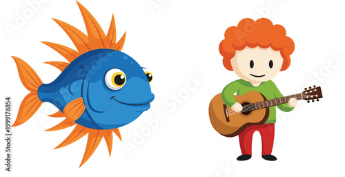 Cute cartoon boy playing acoustic guitar with colorful tropical fish character vector illustration set isolated on white background for kids design