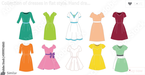 Collection of flat style women dresses illustration, colorful fashion clothing set with different designs and silhouettes for casual and summer outfits isolated on white