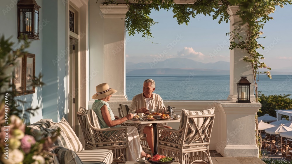 Naklejka premium Senior couple enjoying breakfast on a sunny seaside terrace with ocean view and mountains in the distance, relaxed vacation lifestyle scene.