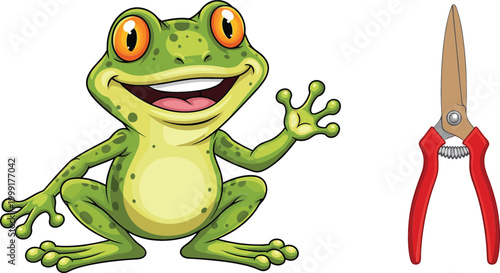 Cute green frog character and garden pruning scissors, cartoon vector illustration combining animal mascot and tool for nature, gardening and design themes