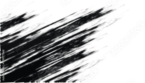 Dynamic black and white halftone pattern with diagonal lines and dot texture background.