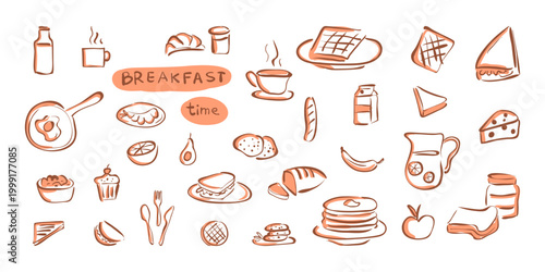 Crayon Breakfast Menu Items Set. Vintage Hand drawn of naive food and beverage vector illustration.