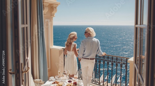 Elegant couple enjoying luxury breakfast on hotel balcony with panoramic sea view and bright blue sky, framed by open doors and curtains.