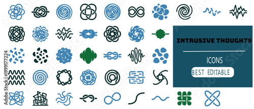 Collection of abstract graphical icons representing intrusive thoughts and mental states
