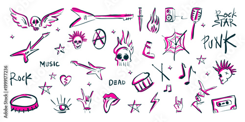 Hand drawn punk rock and heavy metal music doodle collection. Set of grunge sketches of skulls, electric guitars, and rebellious youth symbols in black and pink.