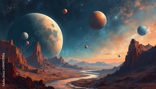 Spectacular Alien Planet Landscape with Multiple Moons and Rocky Terrain.