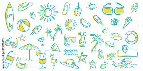 Hand drawn summer beach vacation doodle icon set. Tropical travel elements vector illustration with sun, palm tree, surfboard, flamingo, and cocktail.