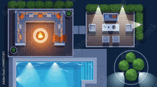 Top view of a modern backyard patio with a swimming pool, fire pit area, and outdoor seating at night