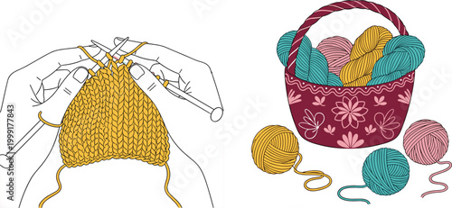 Knitting process with hands and needles illustration, yarn balls in basket and handmade craft concept for knitting hobby and textile creation isolated on white background