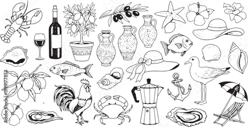 A charming collection of hand-drawn line art illustrations, perfect for evoking Mediterranean summer vibes, featuring an array of seafood, leisure items, and coastal holiday symbols