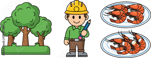Forest trees, construction worker with helmet and shrimp seafood plates, mixed concept cartoon vector illustration for nature, industry and food themes