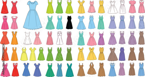 Large collection of colorful women dresses illustration, diverse fashion clothing set with multiple styles and silhouettes for casual and formal outfits isolated on white background
