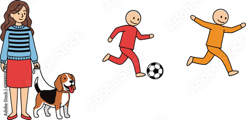 Cartoon people set with woman walking dog and kids playing soccer and running simple colorful vector illustration isolated on white background