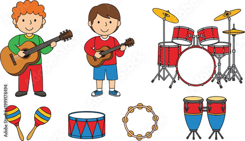 Cute kids playing musical instruments set with guitars drum kit maracas tambourine and bongos colorful cartoon vector illustration isolated on white background