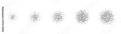 Halftone dot patterns showing diffusion or expansion across five distinct stages.