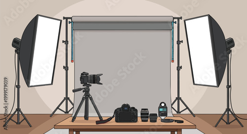 Professional Photography Studio Setup with DSLR Cameras Softbox Lights and Backdrop