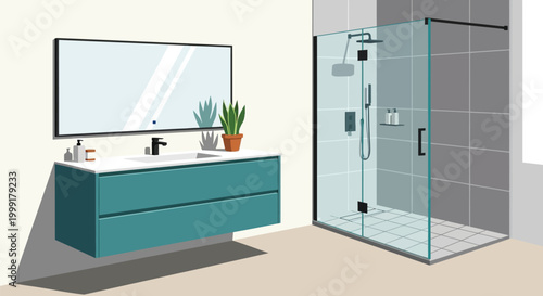 Modern Bathroom Design Featuring a Sleek Vanity, Large Mirror, and Glass Shower Enclosure