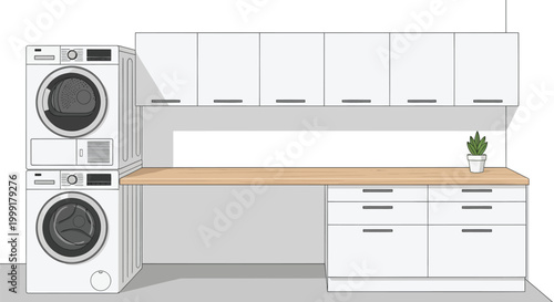 Modern Laundry Room Interior Design with Stacked Appliances and Ample Storage Cabinetry for Efficient Home Organization