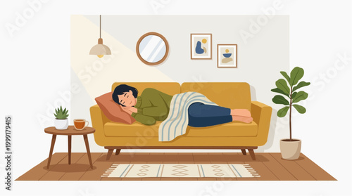 A person sleeps peacefully on a comfortable couch in a cozy home setting, bathed in warm sunlight, evoking a sense of calm and serenity.