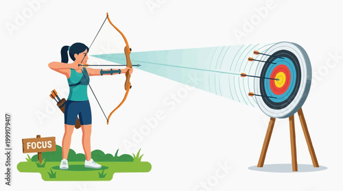 An archer, focused on the bullseye, embodies precision and determination, highlighting the essence of focus and aiming for success in archery.