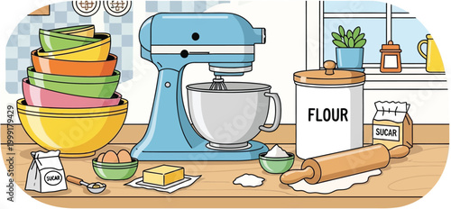 Baking ingredients and equipment laid out on a kitchen counter for making dough or batter