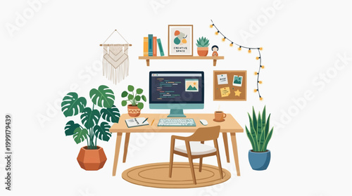 An inviting workspace, adorned with a computer and decorative elements, creates a visually appealing setting for productivity.