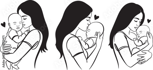 Beautiful monochrome illustrations depicting a mother's tender embrace and loving connection with her newborn baby, symbolizing warmth, care, and the precious bond of family