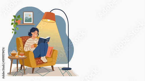 Cozy reading nook bathed in warm light, depicting relaxation, leisure and quiet contemplation.