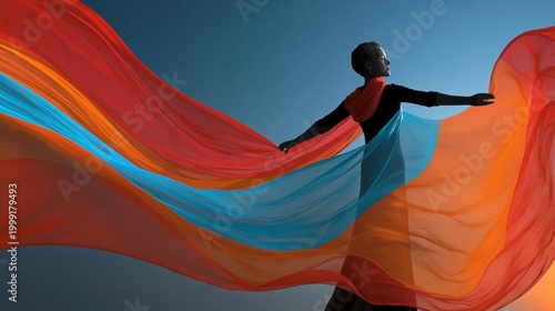 Silhouette woman dancing with flowing colorful fabric against blue sky, abstract motion and freedom concept with copy space for creative advertising design.