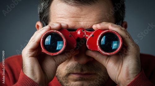 Close up portrait of man looking through red binoculars, concept of vision, search, focus and future planning on dark background.