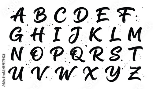Hand-drawn brush stroke uppercase alphabet letters with ink splatters on white background.