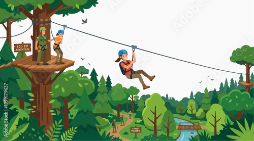 Enthralling Adventure: Ziplining Through Lush Forest. Thrilling view in an exciting and vibrant illustrated scene of ziplining.