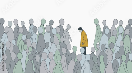 A solitary figure, bathed in somber light, stands amidst a faceless crowd, expressing the profound emotion of loneliness and isolation. A powerful representation of a common experience.
