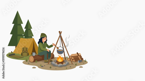 A lone adventurer prepares a meal over a crackling campfire within a scenic campsite, evoking feelings of adventure, and the serene joy of self-reliance, away from the hustle of city life. 