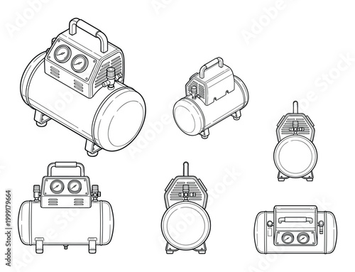 Isometric and orthogonal views of air compressor line art vectors for industrial projects
