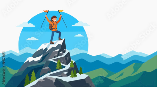A triumphant figure stands atop a majestic mountain peak, a symbol of adventure and overcoming obstacles. Illustrating the spirit of exploration.