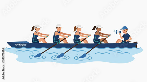 An illustration of a rowing team. the picture depicted is a cartoon style, it showcases the essence of sport, competition, and teamwork. 