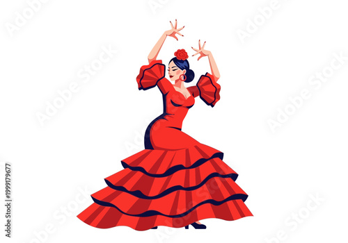 Woman in red flamenco dress dancing.
