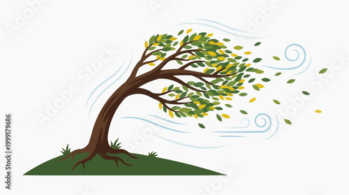 A strong illustration of a tree being blown by the wind.