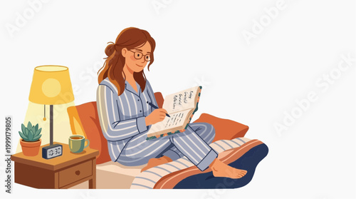 A woman in pajamas, journaling while sitting on bed, with a serene atmosphere and soft light.